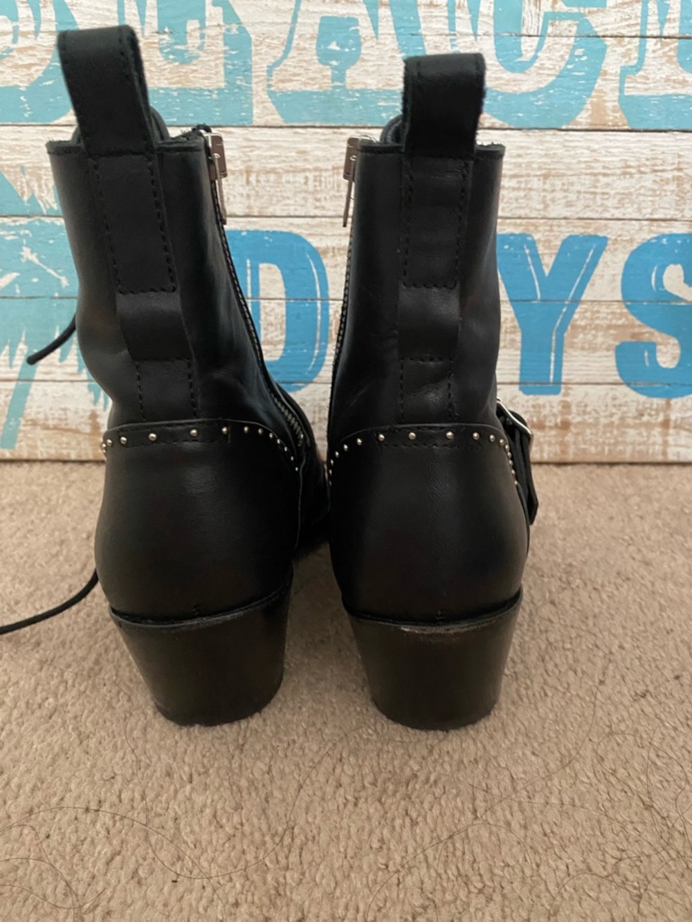 Allsaints Women's Black Studded Lace-Up side zipper Pointed Ankle Boots - Picture 4 of 8